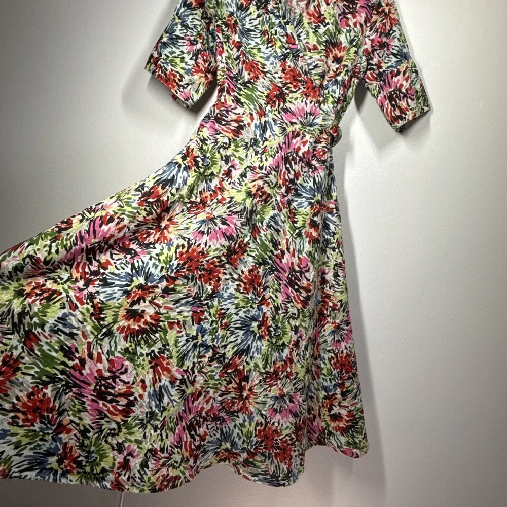 JG Hook Midi Dress Size 10 Linen Faux Wrap Multicolor Abstract Floral Belted - Picture 5 of 16